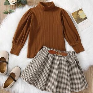 Girls Rib-knit High Neck Tee & Plaid Pleated Skirt